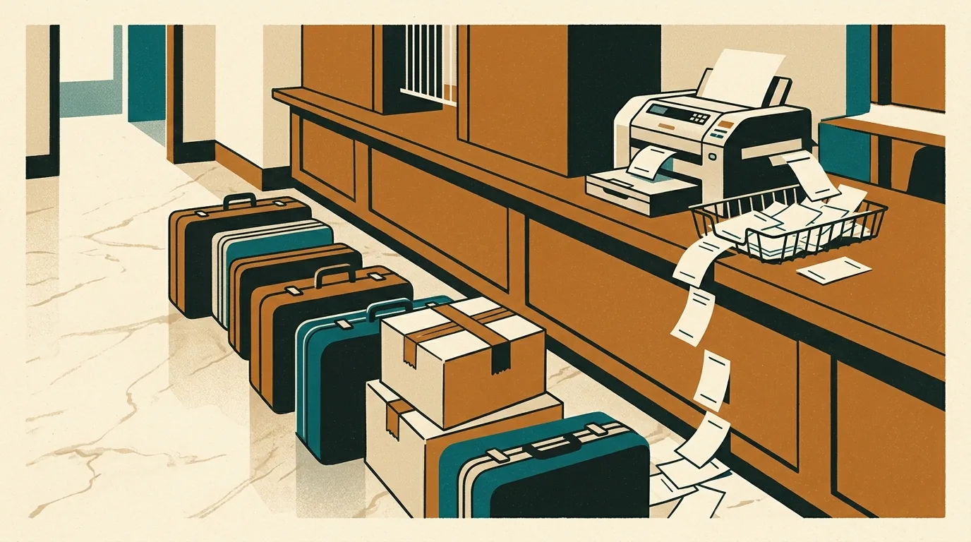 Illustration of suitcases and taped cardboard boxes lined up on a bank's marble floor beside the teller counter, while a printer behind it feeds slips into an overflowing tray and onto the floor.