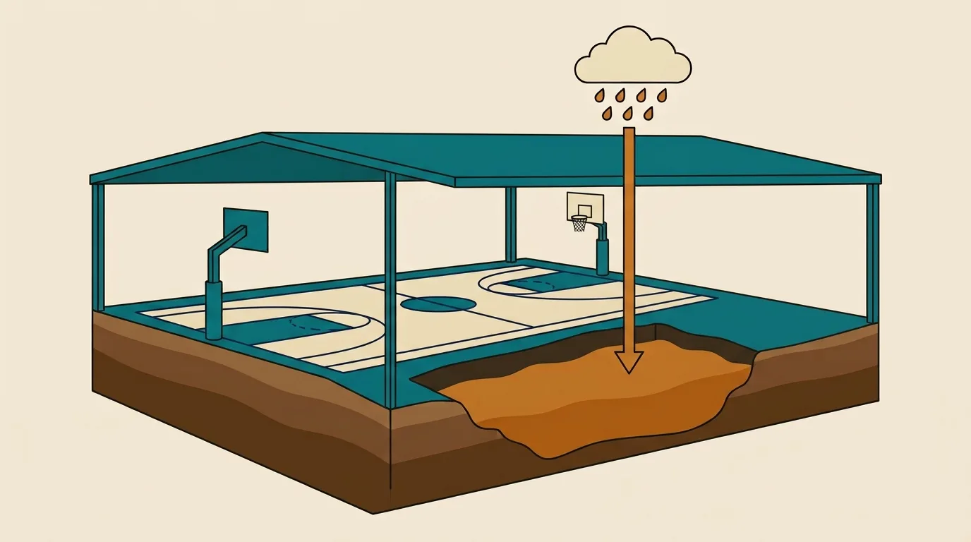 Illustration of a covered basketball court in cross-section, built over a rainwater detention basin that fills as rain drains down from a cloud above.