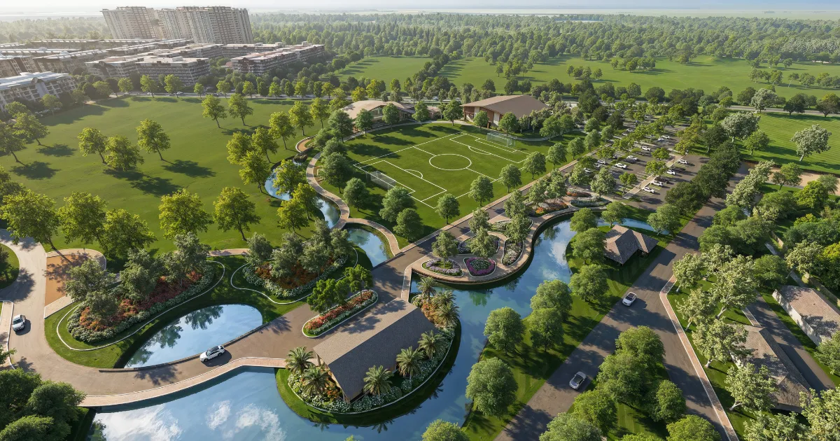 Artist's illustration of Acacia Park Central at Acacia Estates, showing an open playing field, waterways, landscaped islands and pavilions.