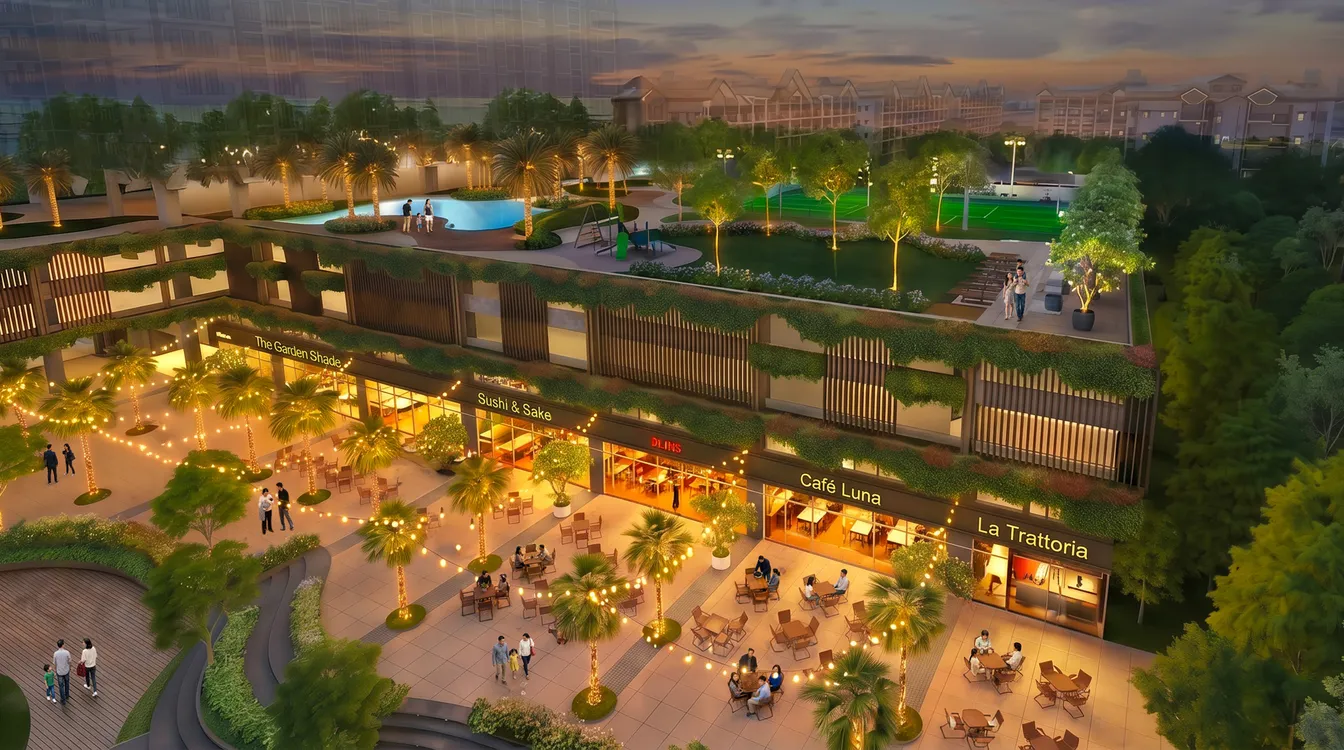 Artist's illustration of the planned commercial strip at the Town Center at Acacia Estates, with cafés, open-air dining and string lights at dusk.