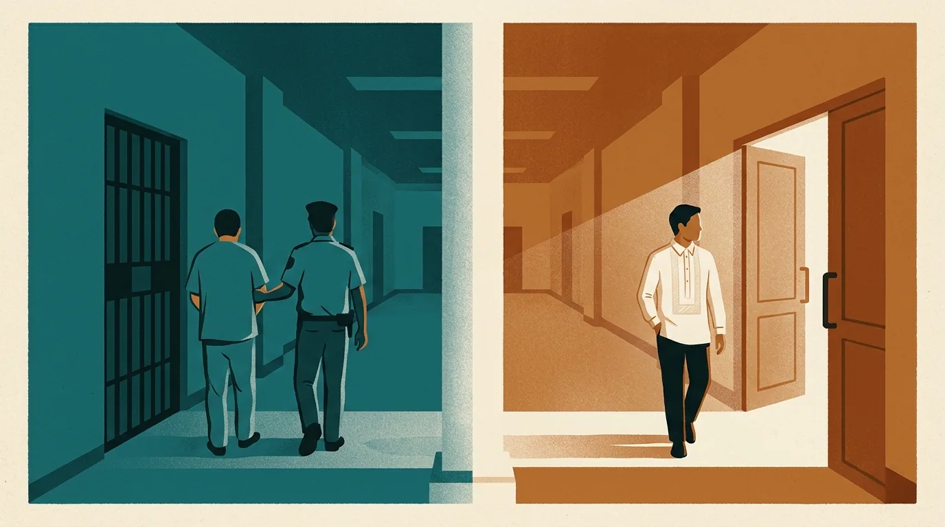 Illustration of a courthouse corridor split in two: in teal shadow a guard leads a man in a plain shirt toward a barred cell door, while in amber light a man in a barong walks out an open door, one hand in his pocket.