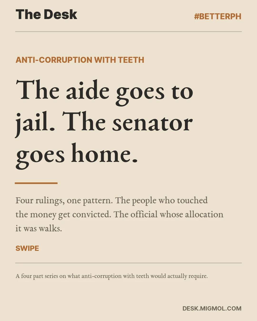 Cover card, The aide goes to jail. The senator goes home. Four rulings, one pattern. The people who touched the money get convicted. The official whose allocation it was walks.