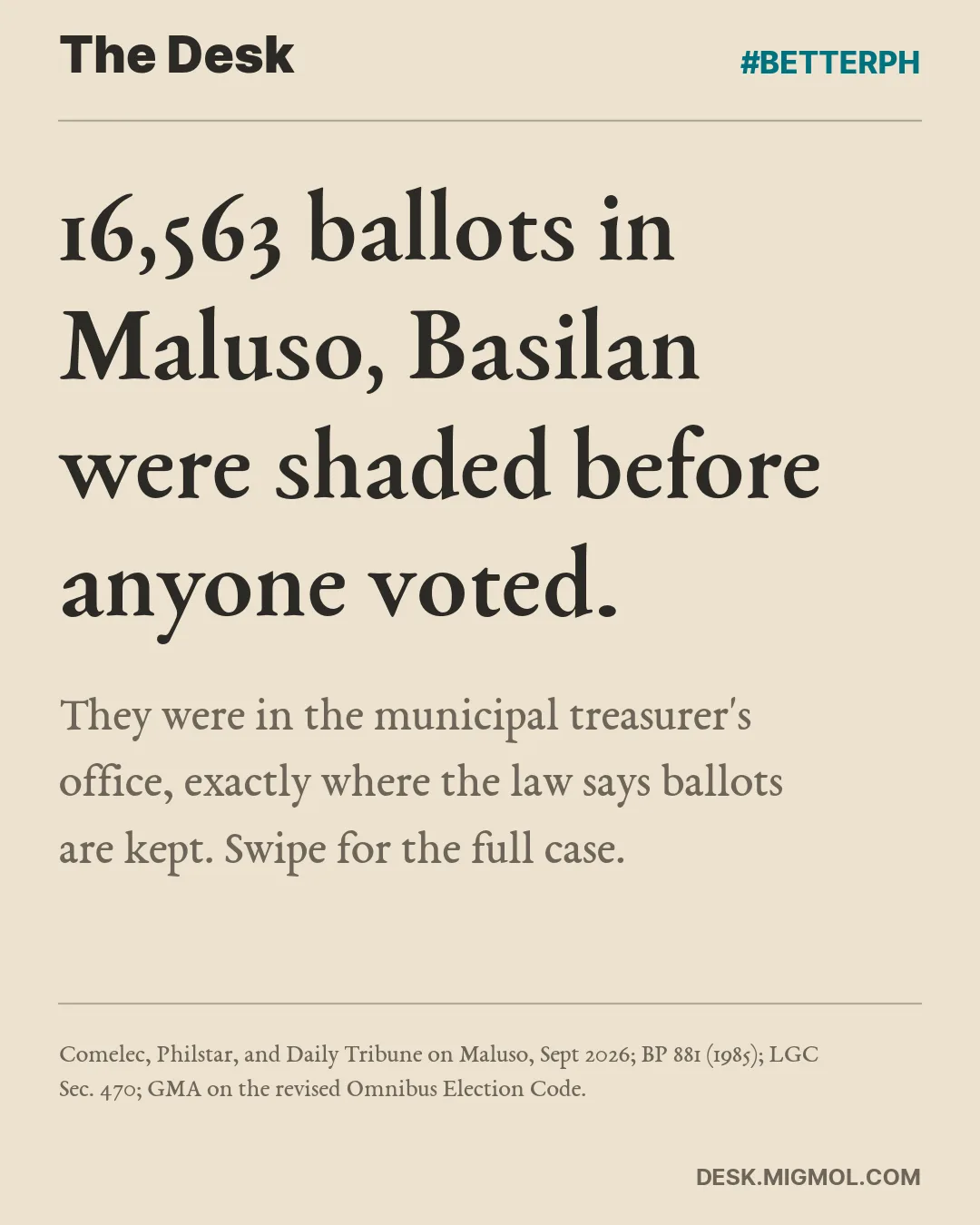 Card: 16,563 ballots in Maluso, Basilan were shaded before anyone voted. They were in the municipal treasurer's office, where the law keeps them.