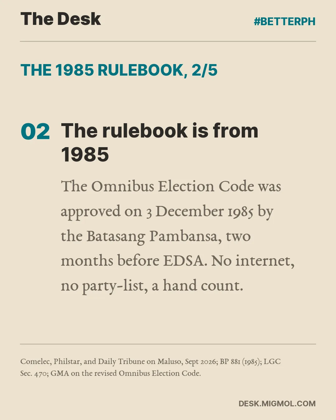 Card point 2: The rulebook is from 1985. The Omnibus Election Code was approved two months before EDSA.