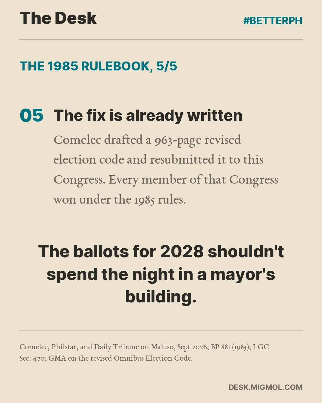 Card point 5: The fix is already written, a 963-page revised election code. The ballots for 2028 shouldn't spend the night in a mayor's building.