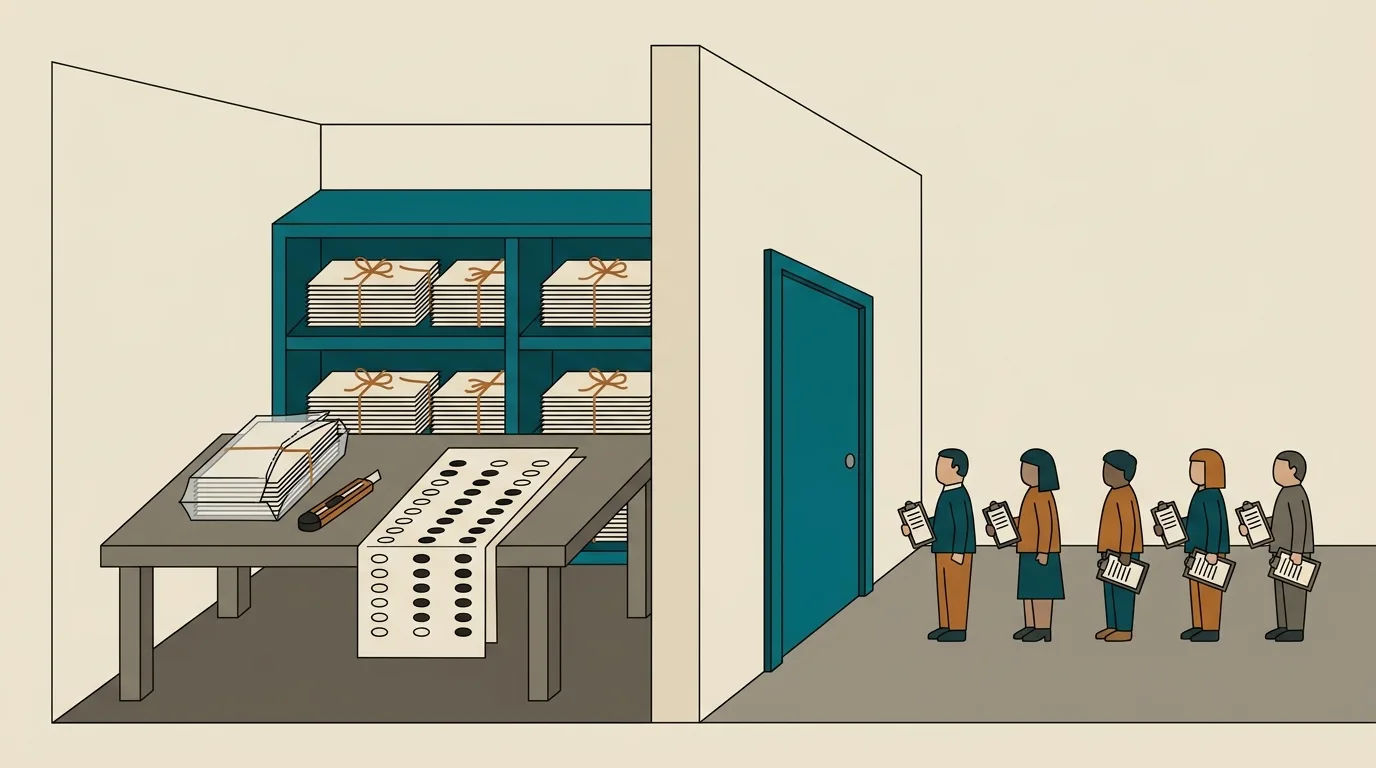 Illustration of a storeroom cut away from the outside: shelves of tied ballot bundles, a slit-open pack and a box cutter on the table beside a long ballot with ovals already shaded, while poll watchers with clipboards wait outside a closed door.