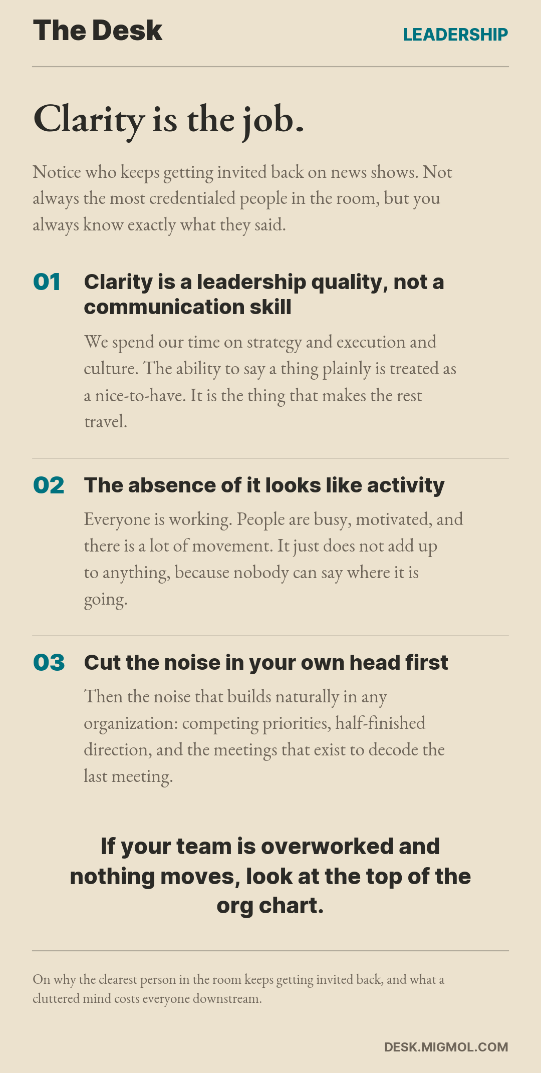 Card on clarity as a leadership quality: it is not a communication skill, its absence looks like activity that adds up to nothing, and the noise to cut starts inside your own head.