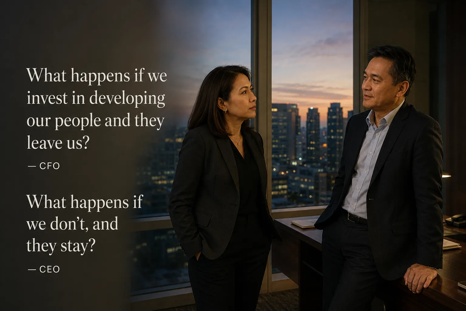 A CFO and CEO facing each other in a dim high-rise office at dusk, a lit-up city skyline behind them, with their exchange about developing people quoted beside them.