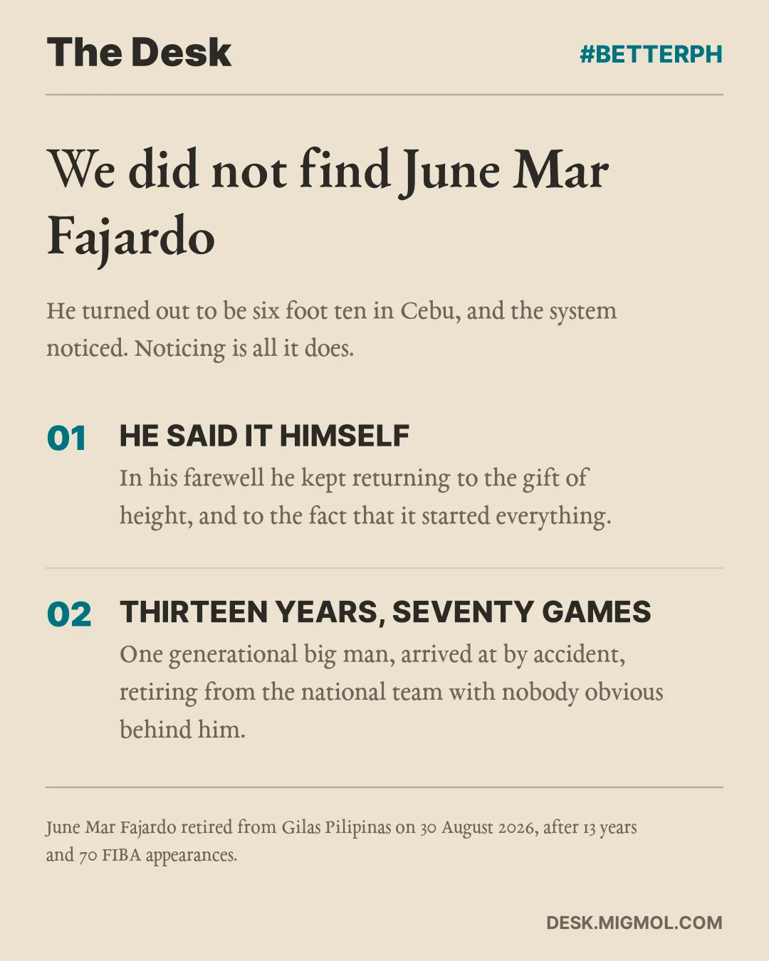 Card about basketball talent identification: June Mar Fajardo credited his height as a gift, and thirteen years and seventy FIBA games produced one generational big man by accident, with nobody obvious behind him.