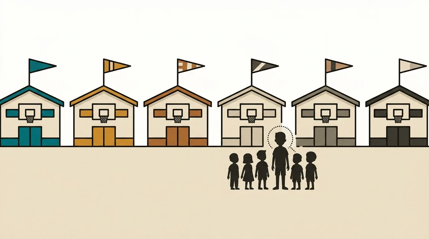 Illustration of a row of six school gyms, each flying a different pennant, with one taller child highlighted among a group of shorter kids.