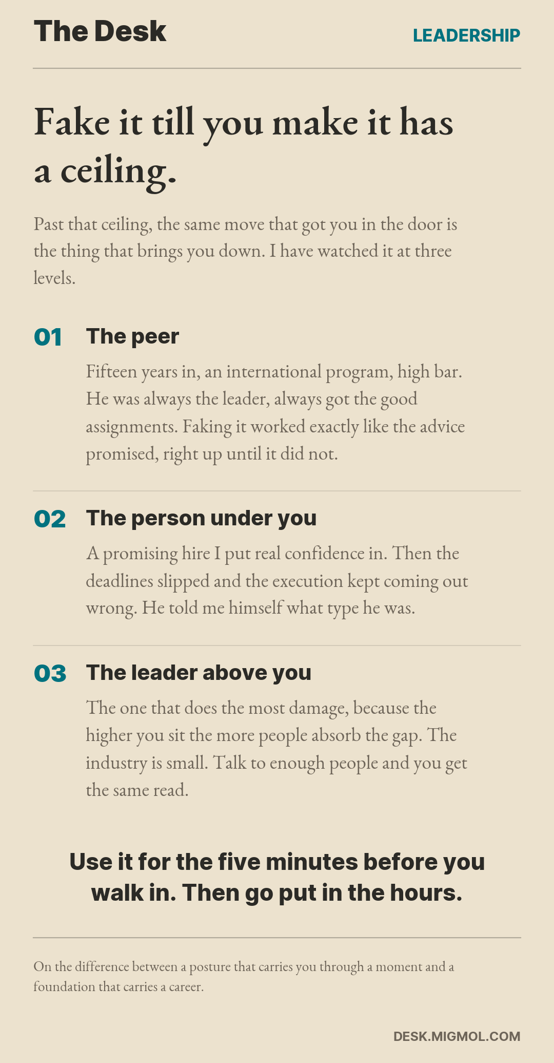 Card listing three levels where faking it hit a ceiling: a peer in an international program, a promising hire whose execution slipped, and a leader above whose gap the whole industry could read.