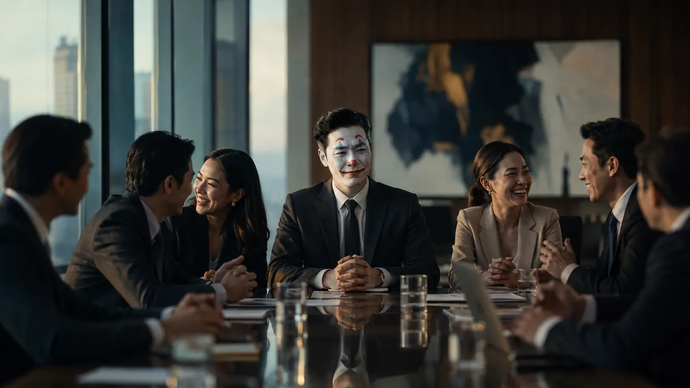 A man in clown makeup and a business suit forcing an uneasy smile at a boardroom table while colleagues talk among themselves.
