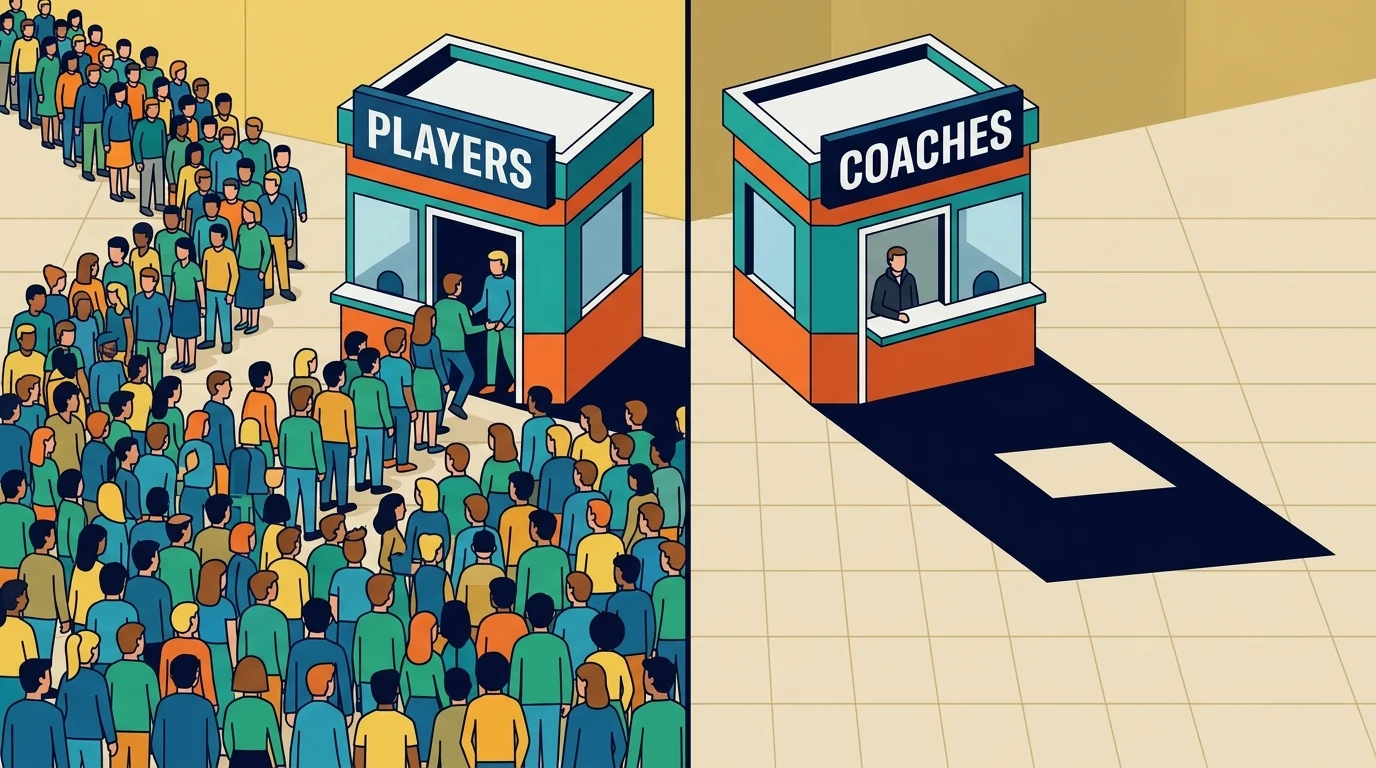 Illustration of two gym sign-up booths: a long, winding line of eager players at the player booth, and a single person waiting at an empty coach sign-up table.