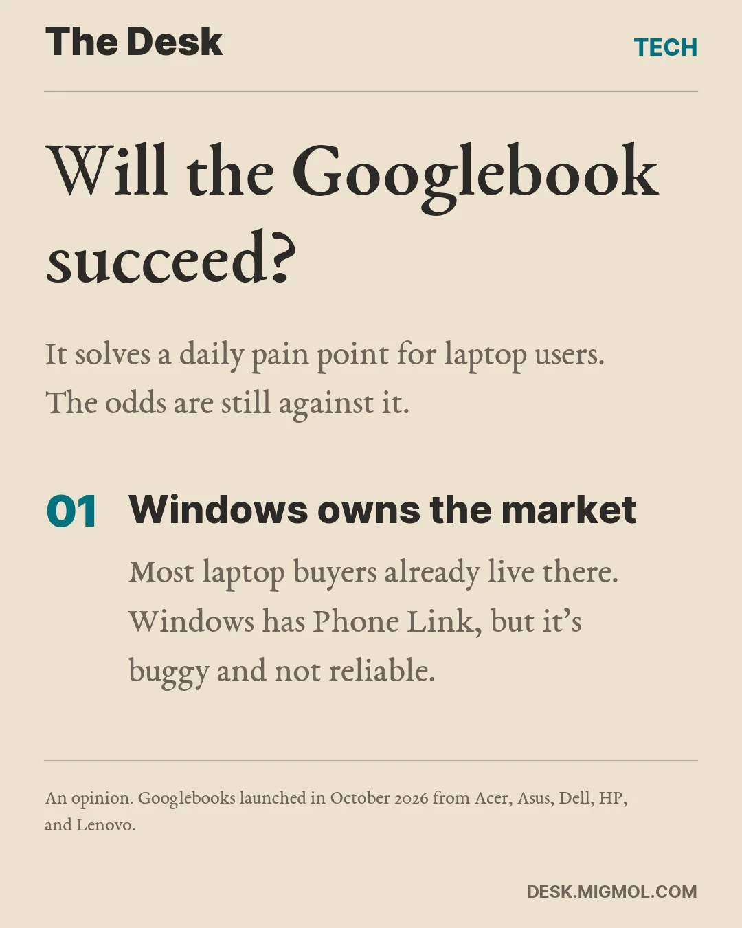 Card titled Will the Googlebook succeed? It solves a daily pain point for laptop users, but the odds are against it. Point one: Windows owns the market, and its Phone Link is buggy and not reliable.
