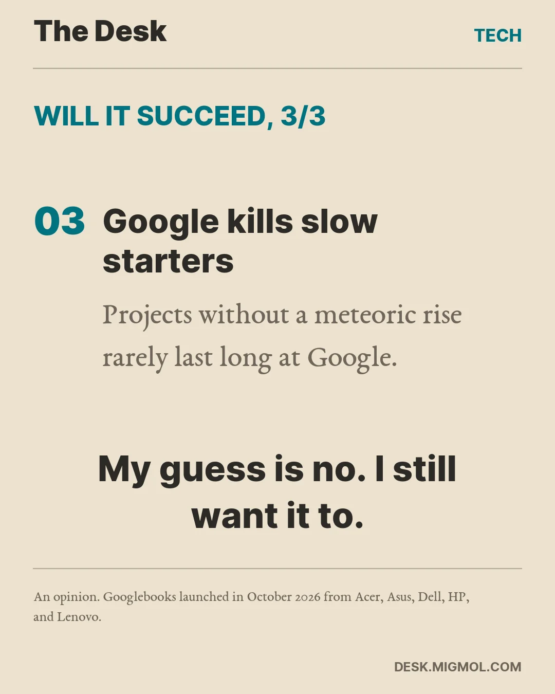 Point three: Google kills slow starters, and projects without a meteoric rise rarely last long. Closing line: My guess is no. I still want it to.