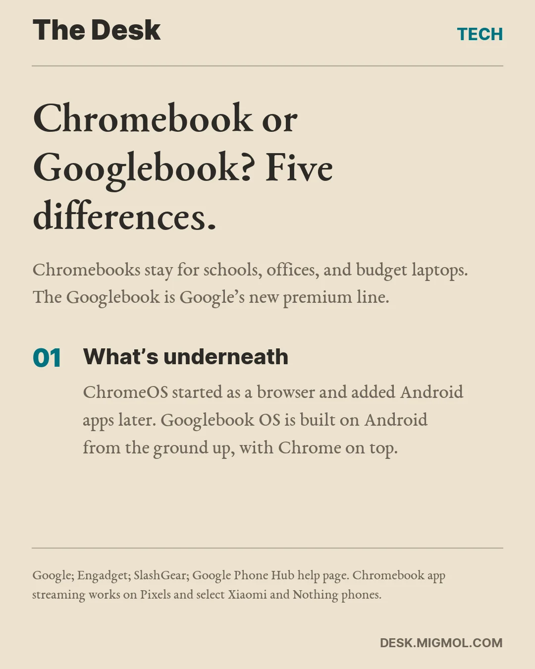 Card titled Chromebook or Googlebook? Five differences. Point one: ChromeOS started as a browser and added Android apps later, while Googlebook OS is built on Android from the ground up.