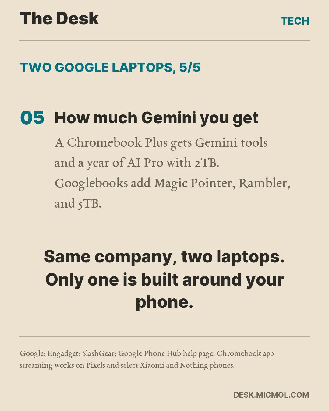Point five: a Chromebook Plus gets Gemini tools and a year of AI Pro with 2TB, while Googlebooks add Magic Pointer, Rambler, and 5TB. Closing line: Same company, two laptops. Only one is built around your phone.