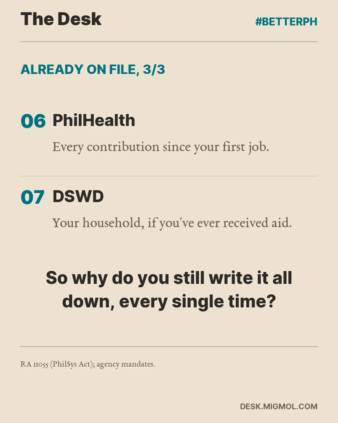 Card finishing the list: PhilHealth holds every contribution since your first job, and DSWD your household if you have ever received aid, ending with the question: so why do you still write it all down, every single time?