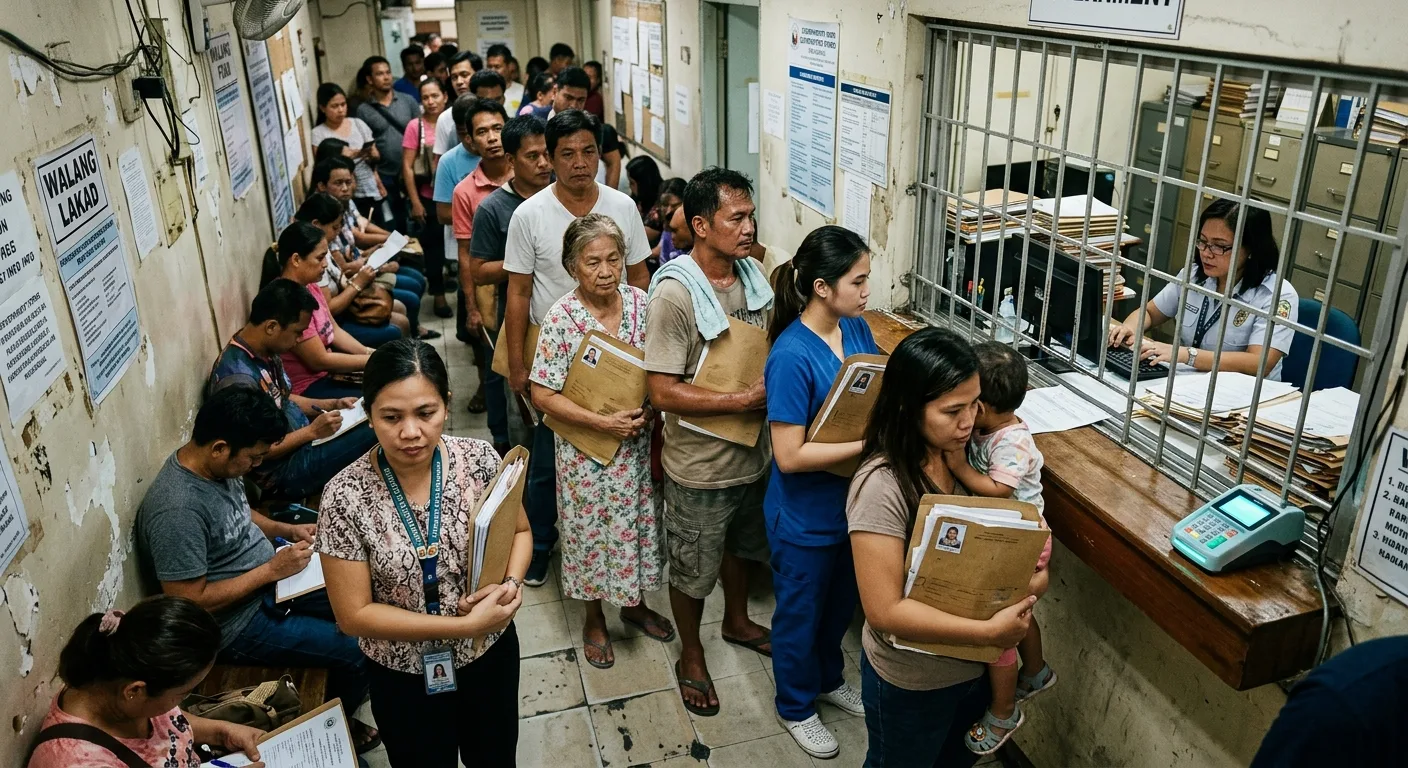 A long line of Filipinos in a worn government office, each holding the same brown folder of forms and ID photos, while a clerk works behind a window grille and a small payment terminal glows unused on the counter.