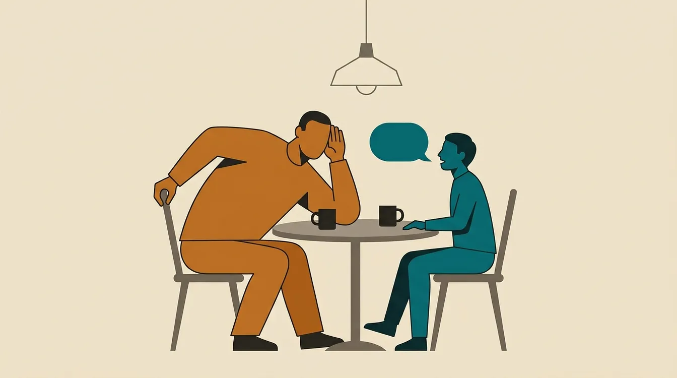Illustration of a large figure in amber leaning across a small kitchen table with a hand cupped to his ear, listening to a smaller figure in teal who is speaking.