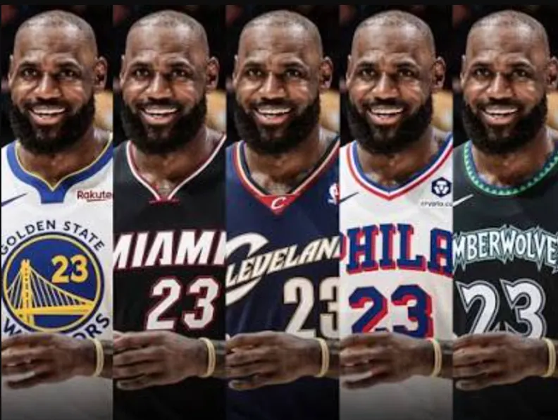 LeBron James shown in Warriors, Heat, Cavaliers, 76ers, and Timberwolves jerseys, each numbered 23