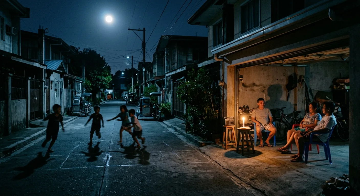 A narrow Manila street at night under a full moon. Children run across the asphalt playing a tag game, while three adults sit on plastic chairs in an open garage beside a candle and a small radio.