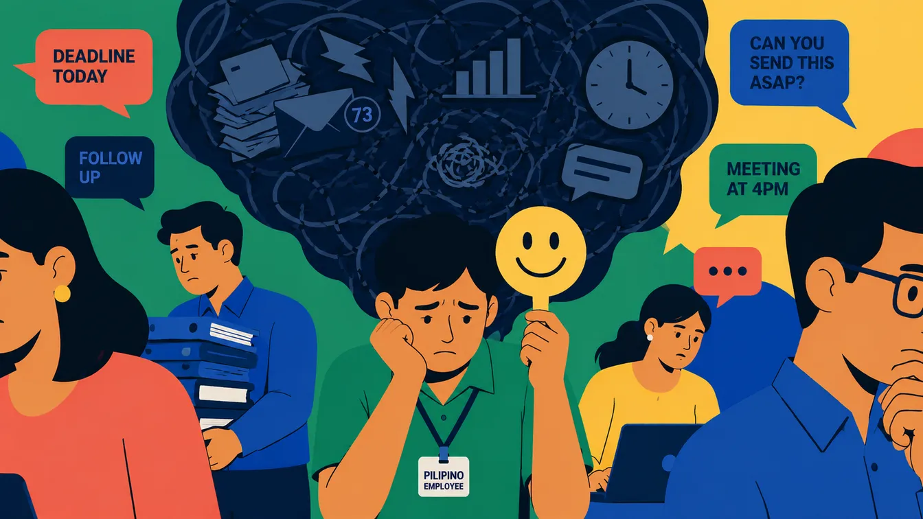 A stressed Filipino employee holds up a smiley-face mask while a dark cloud of deadlines and messages looms overhead.