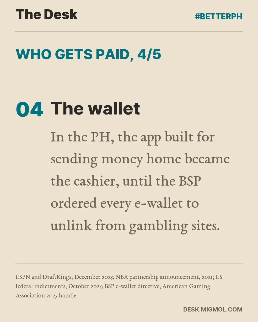 Who gets paid, point 4 of 5, The wallet: In the PH, the app built for sending money home became the cashier, until the BSP ordered every e-wallet to unlink from gambling sites.
