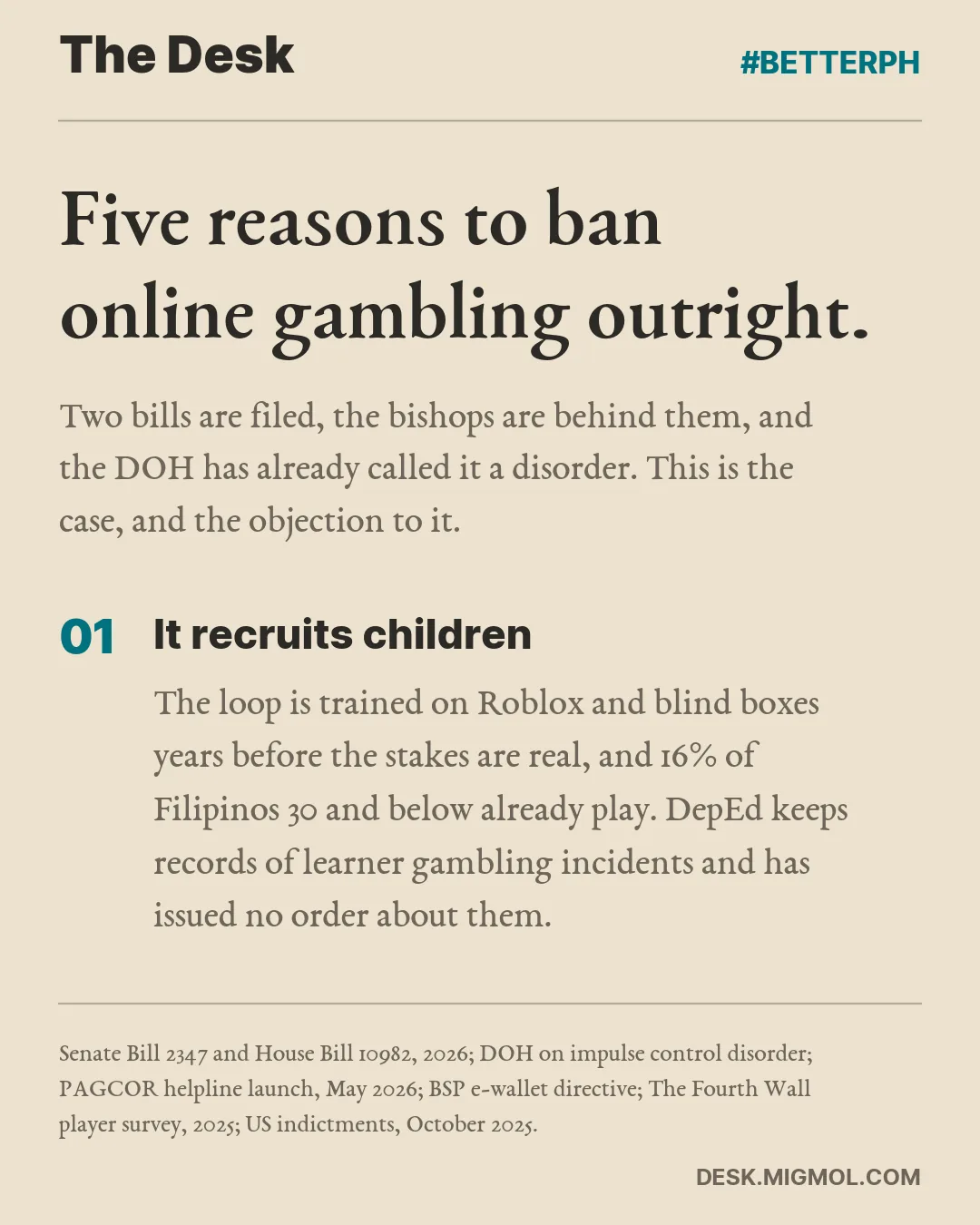 Five reasons to ban online gambling outright. Two bills are filed, the bishops are behind them, and the DOH has already called it a disorder. This is the case, and the objection to it. Point 1 of 5, It recruits children: The loop is trained on Roblox and blind boxes years before the stakes are real, and 16% of Filipinos 30 and below already play. DepEd keeps records of learner gambling incidents and has issued no order about them.
