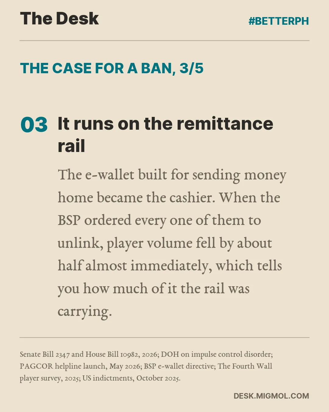 The case for a ban, point 3 of 5, It runs on the remittance rail: The e-wallet built for sending money home became the cashier. When the BSP ordered every one of them to unlink, player volume fell by about half almost immediately, which tells you how much of it the rail was carrying.