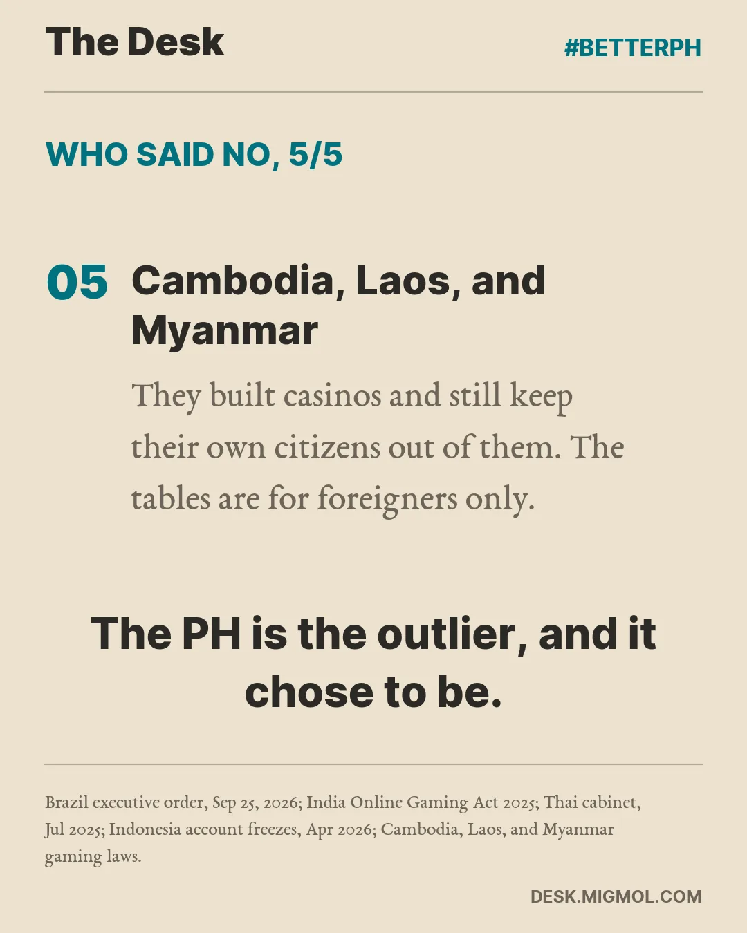 Who said no, point 5 of 5, Cambodia, Laos, and Myanmar: They built casinos and still keep their own citizens out of them. The tables are for foreigners only. Closing line: The PH is the outlier, and it chose to be.