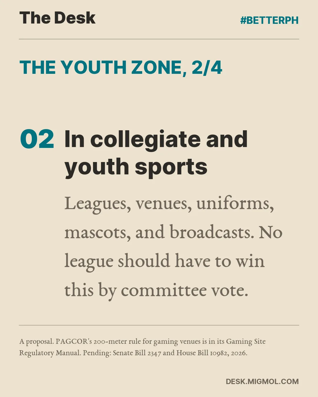 The youth zone, point 2 of 4, In collegiate and youth sports: Leagues, venues, uniforms, mascots, and broadcasts. No league should have to win this by committee vote.