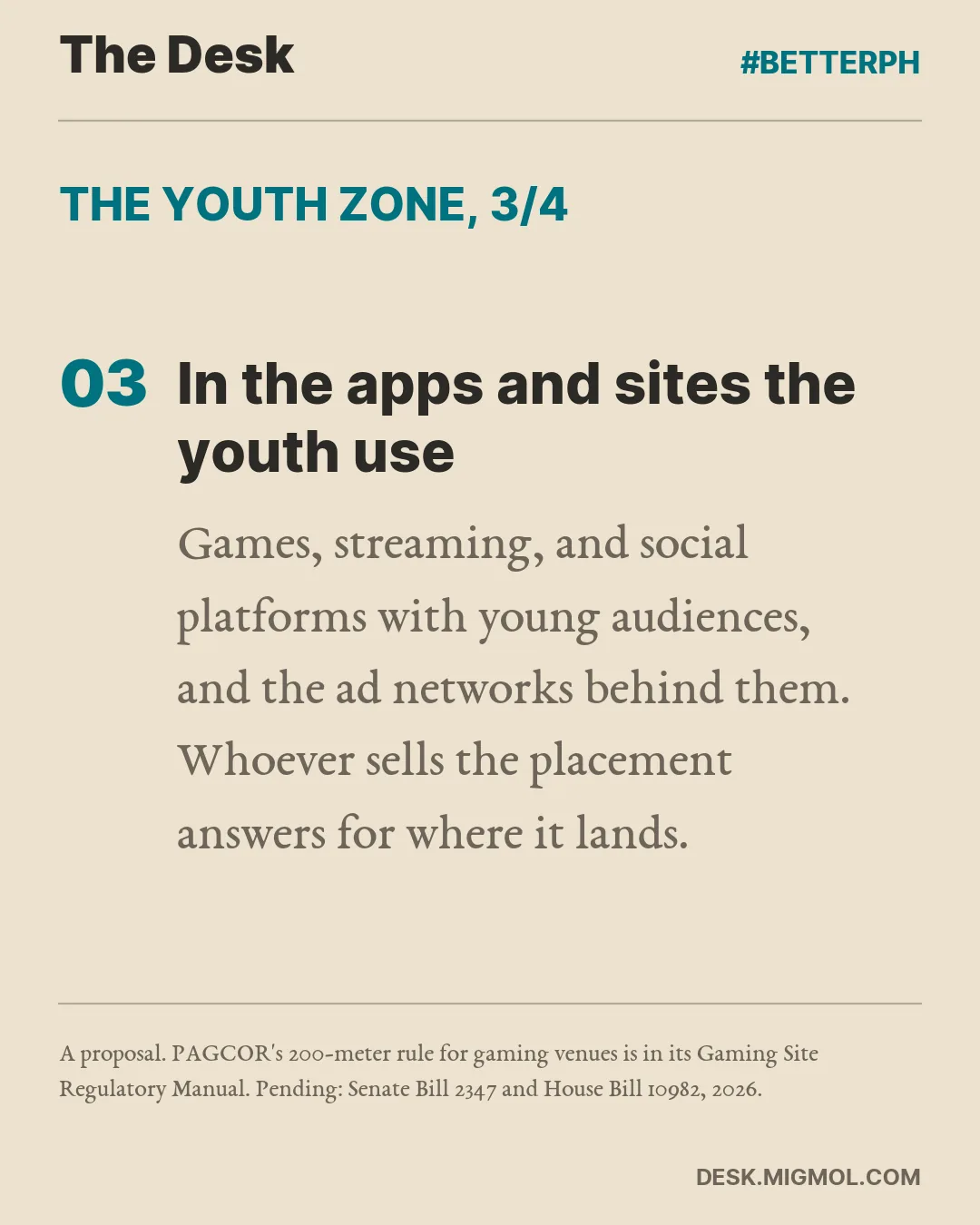 The youth zone, point 3 of 4, In the apps and sites the youth use: Games, streaming, and social platforms with young audiences, and the ad networks behind them. Whoever sells the placement answers for where it lands.