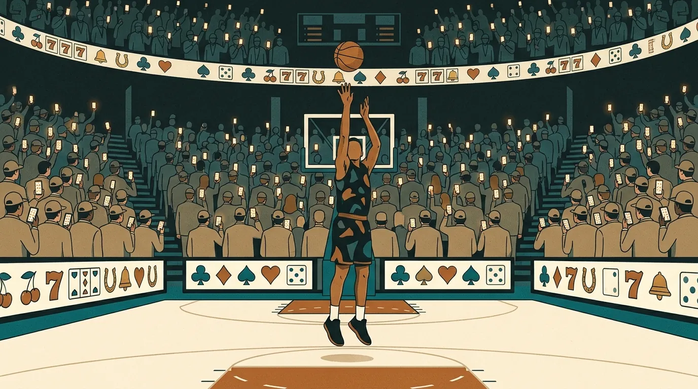 A basketball player takes a jump shot in a packed arena where the courtside boards and the ring of screens show slot-machine sevens, cherries, card suits, and dice, and the crowd in the stands holds up glowing phones.