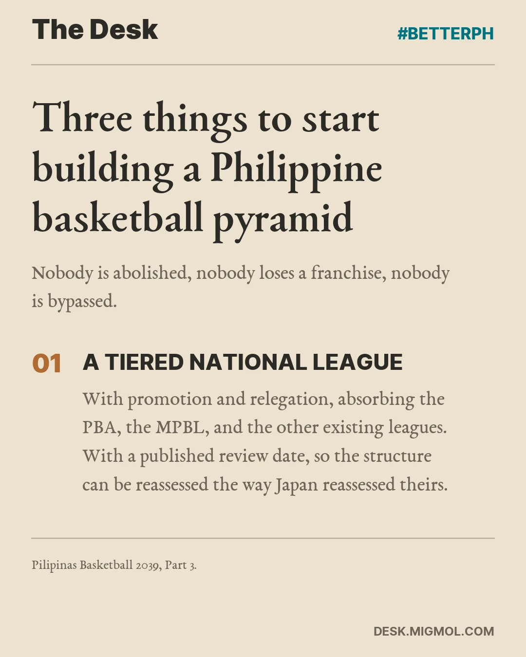 Card introducing three things to start building a Philippine basketball pyramid, the first being a tiered national league with promotion and relegation that absorbs the PBA, the MPBL, and the other existing leagues, with a published review date.
