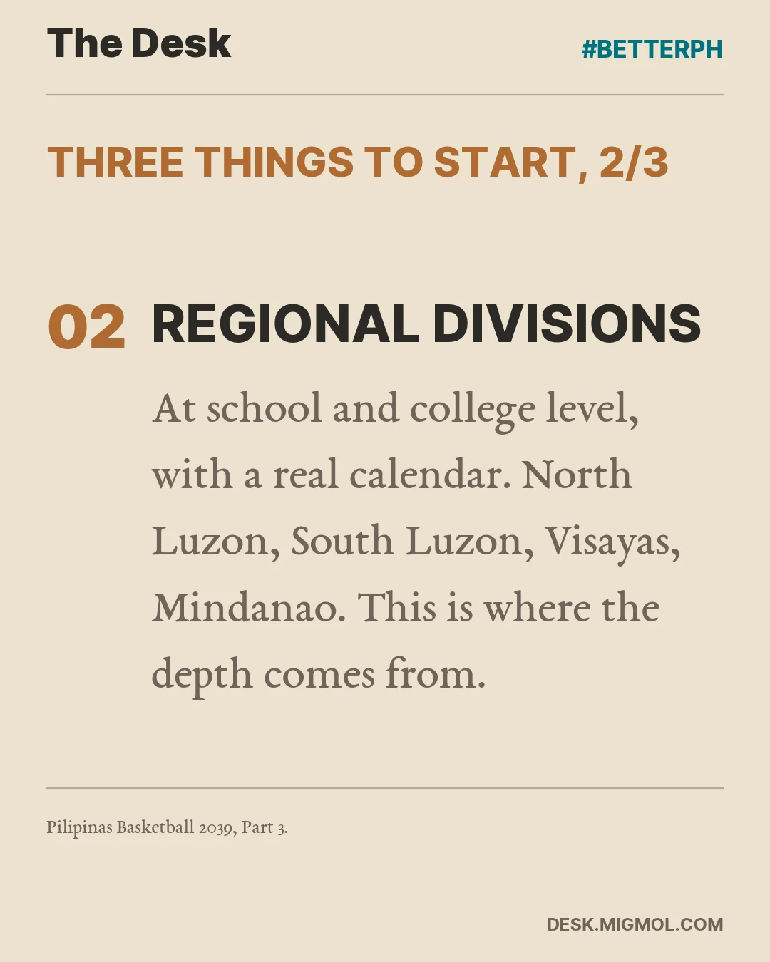 Card continuing the point: regional divisions at school and college level with a real calendar, North Luzon, South Luzon, Visayas, and Mindanao, which is where the depth comes from.