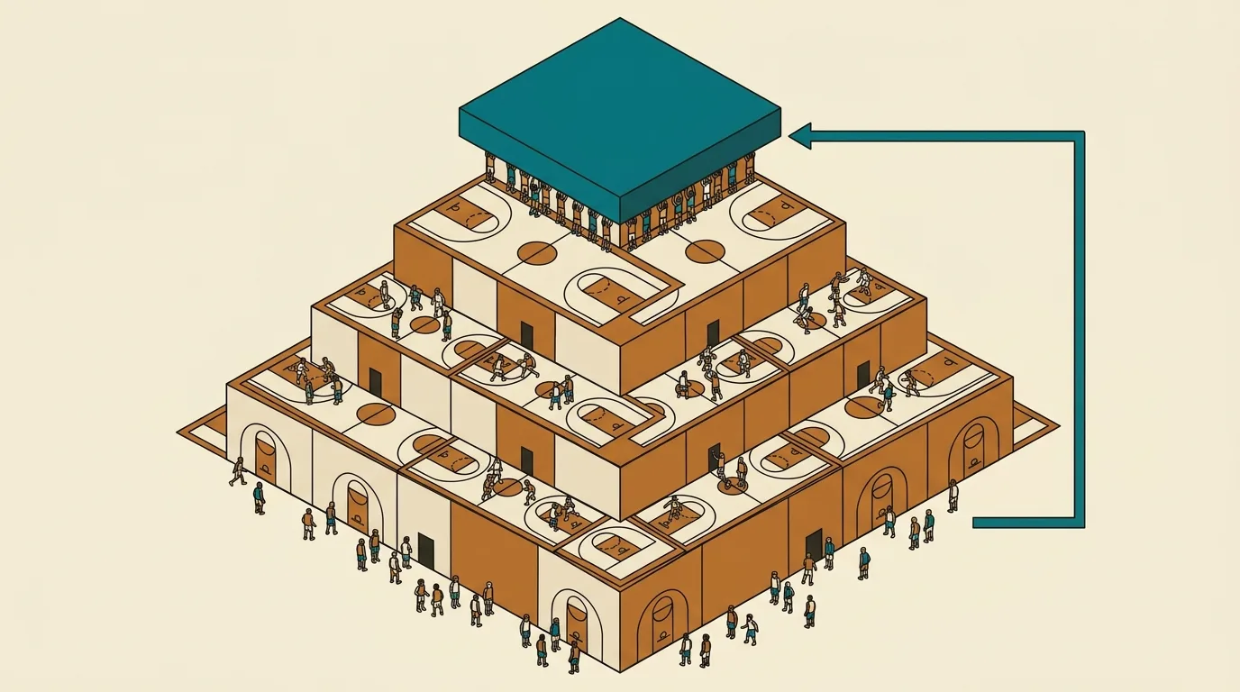 Illustration of a basketball pyramid building with tiers of courts, capped by a sealed teal roof blocking any path from the lower tiers to the top.