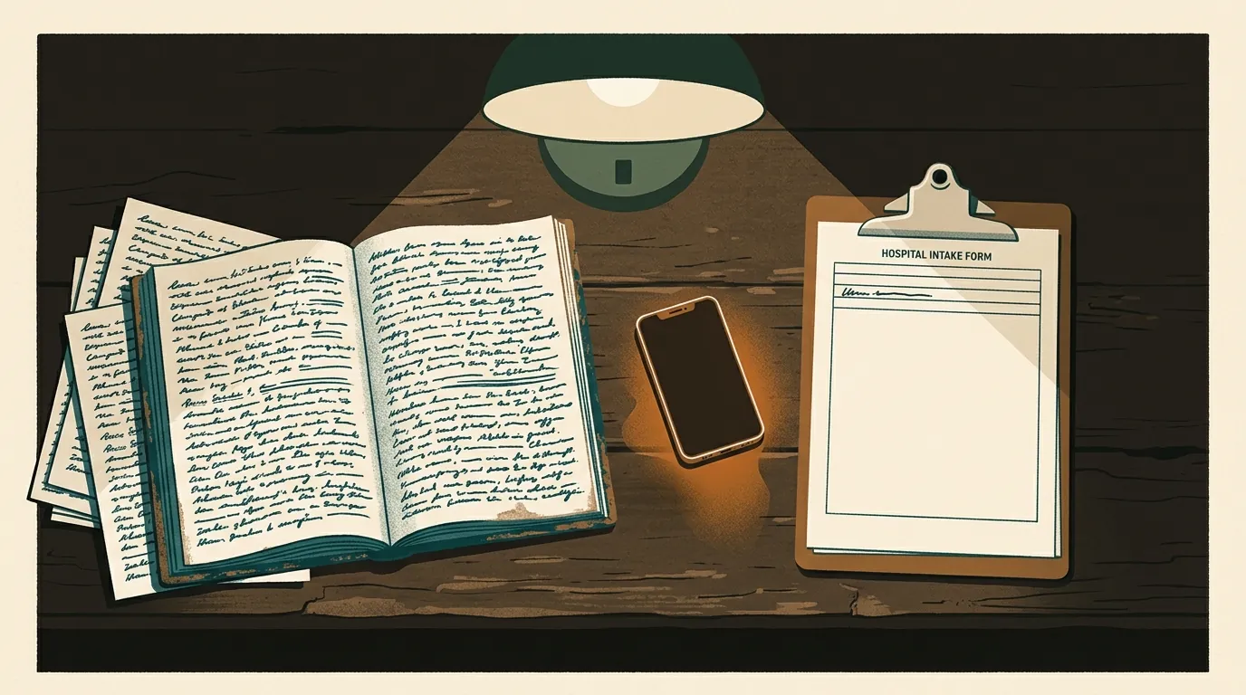 A desk at night under a lamp: an open logbook and loose pages crowded with handwriting on one side, a hospital intake form with a single line filled in on the other, and a face-down phone glowing amber between them.