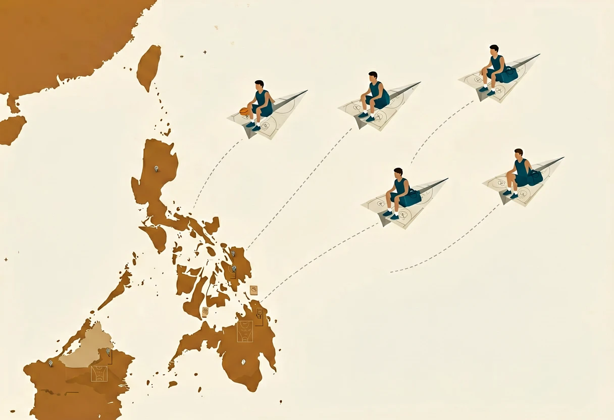 Illustration of a map of the Philippine islands with four paper airplanes folded from basketball playbook paper, each carrying a player, taking off and flying away toward the edge of the frame.