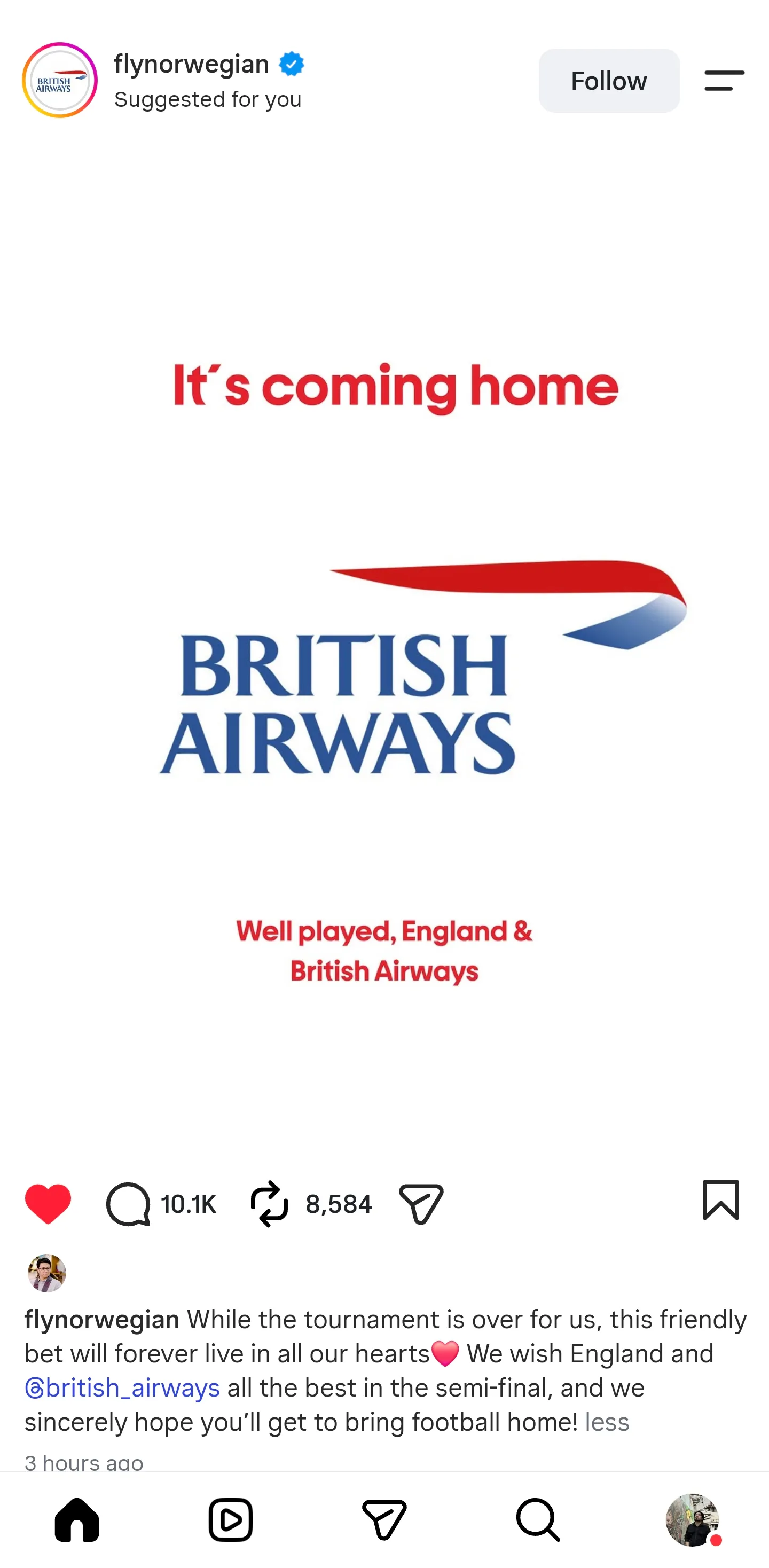 Norwegian Air's Instagram post showing the British Airways logo with the words 'It's coming home. Well played, England & British Airways.'