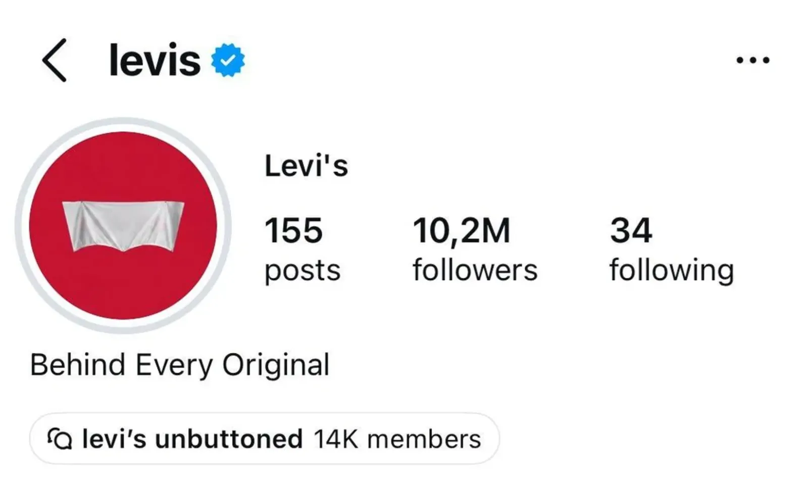 Levi's official Instagram profile with the profile picture showing a plain white tab, leaning into the covered-logo campaign.