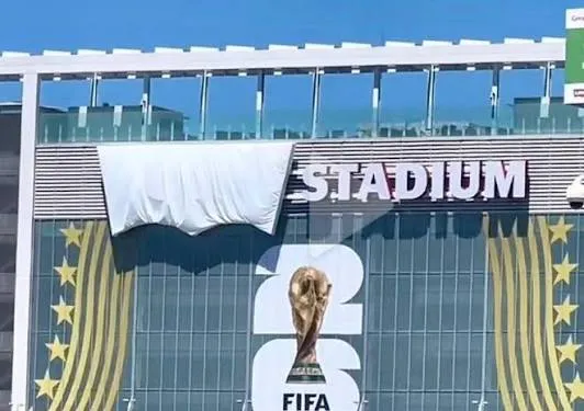 Levi's Stadium with a plain white tarp draped over the Levi's logo beside the FIFA World Cup 26 signage.