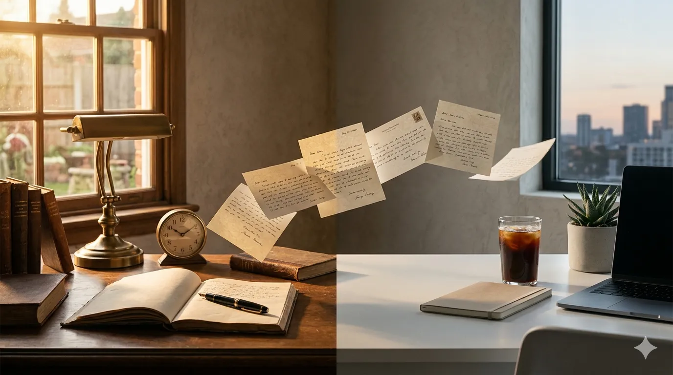 A split desk scene — a vintage writing desk in warm morning light on one side, a modern laptop desk at dusk on the other — with handwritten letters drifting across between them.