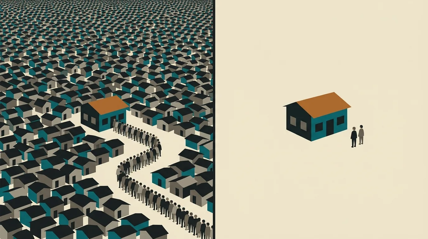 Illustration split in two: a sea of packed houses with a long winding queue at a small barangay hall, and the same barangay hall standing alone on empty ground with two people beside it.