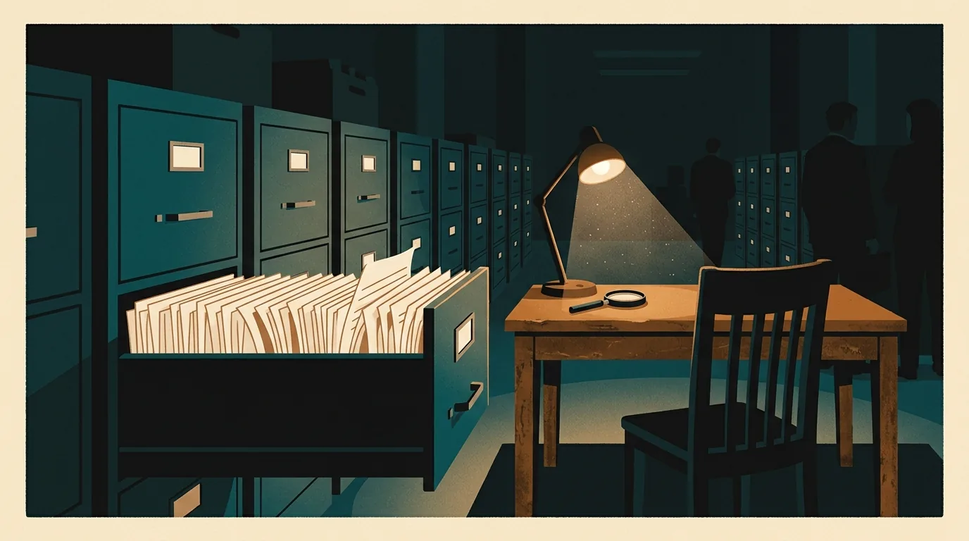Illustration of a dim records room lined with filing cabinets, one drawer pulled open and packed with forms, a lamp lit over an empty desk and an unused magnifying glass while dark figures stand in the far aisle.