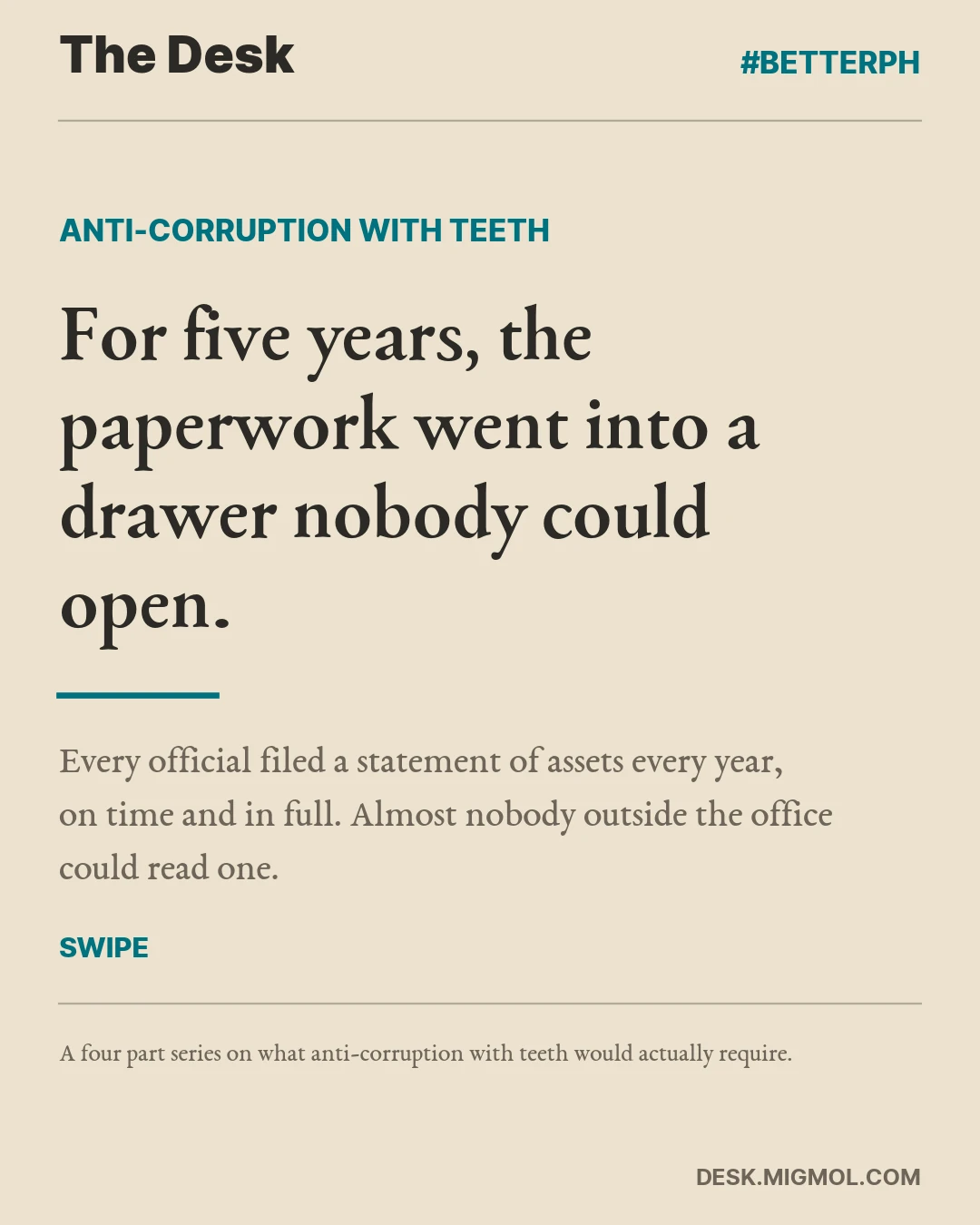Cover card, For five years, the paperwork went into a drawer nobody could open. Every official filed a statement of assets every year, on time and in full. Almost nobody outside the office could read one.
