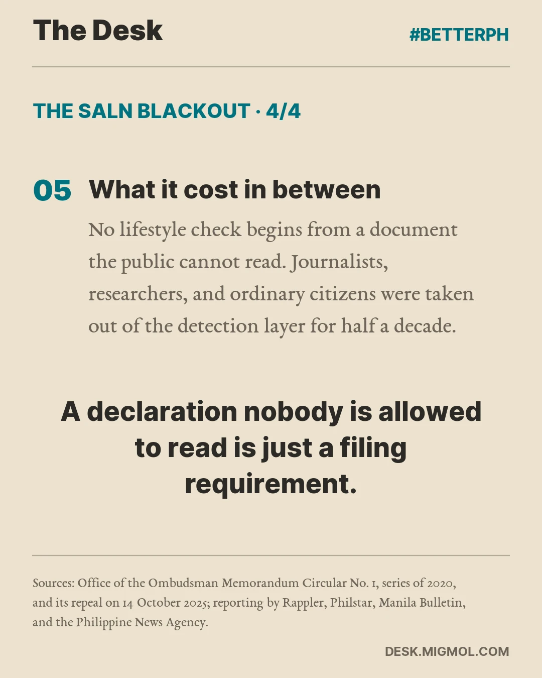 The Saln Blackout, card 4 of 4. What it cost in between: No lifestyle check begins from a document the public cannot read. Journalists, researchers, and ordinary citizens were taken out of the detection layer for half a decade. Takeaway: A declaration nobody is allowed to read is just a filing requirement.