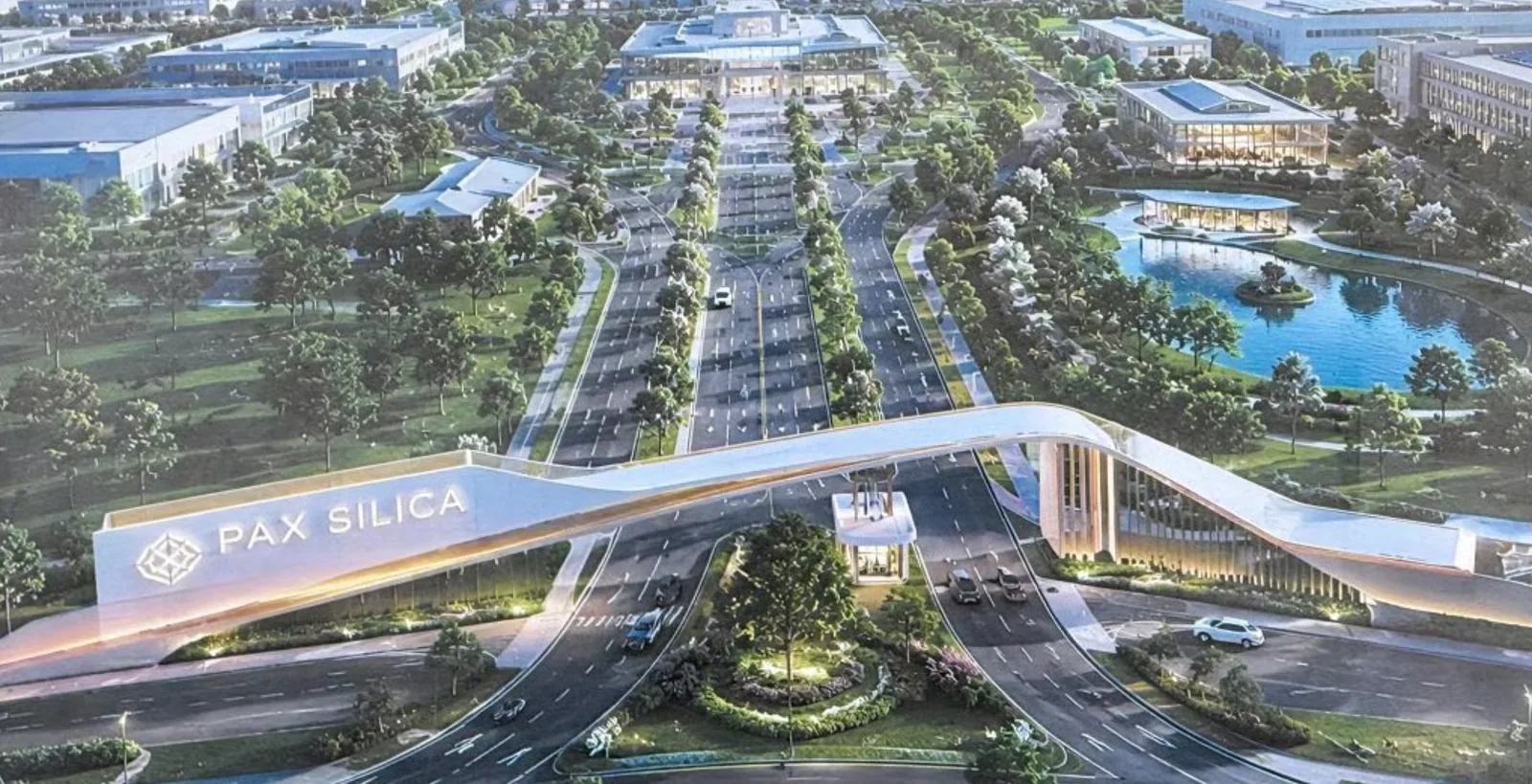 Architect's rendering of the Pax Silica entrance at New Clark City: a curved white gateway arching over a landscaped boulevard, with low industrial buildings, trees, and a lake behind it.