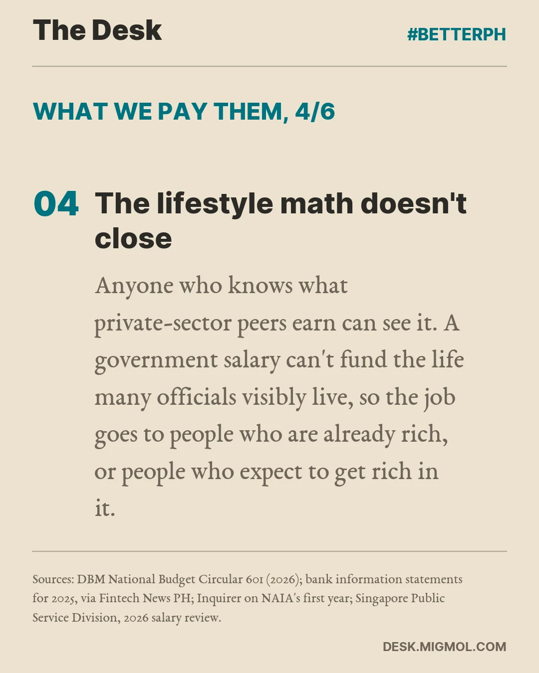 Slide 4: The lifestyle math doesn't close. A government salary can't fund the life many officials visibly live, so the job goes to people already rich, or people who expect to get rich in it.