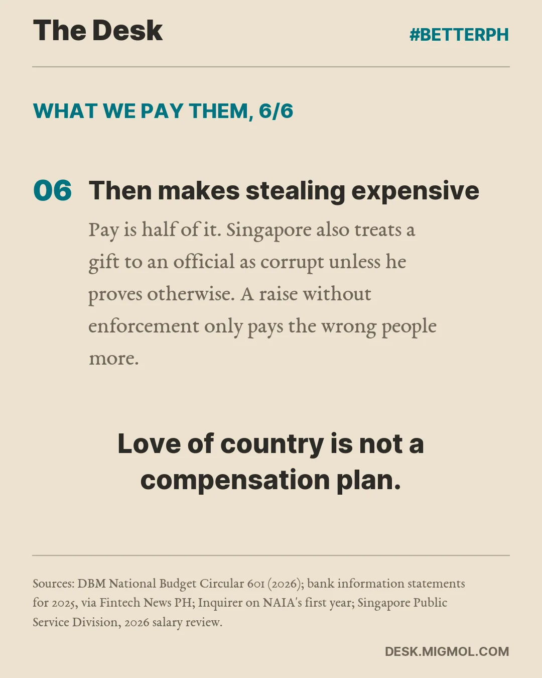 Slide 6: Then makes stealing expensive. Singapore treats a gift to an official as corrupt unless he proves otherwise. Love of country is not a compensation plan.